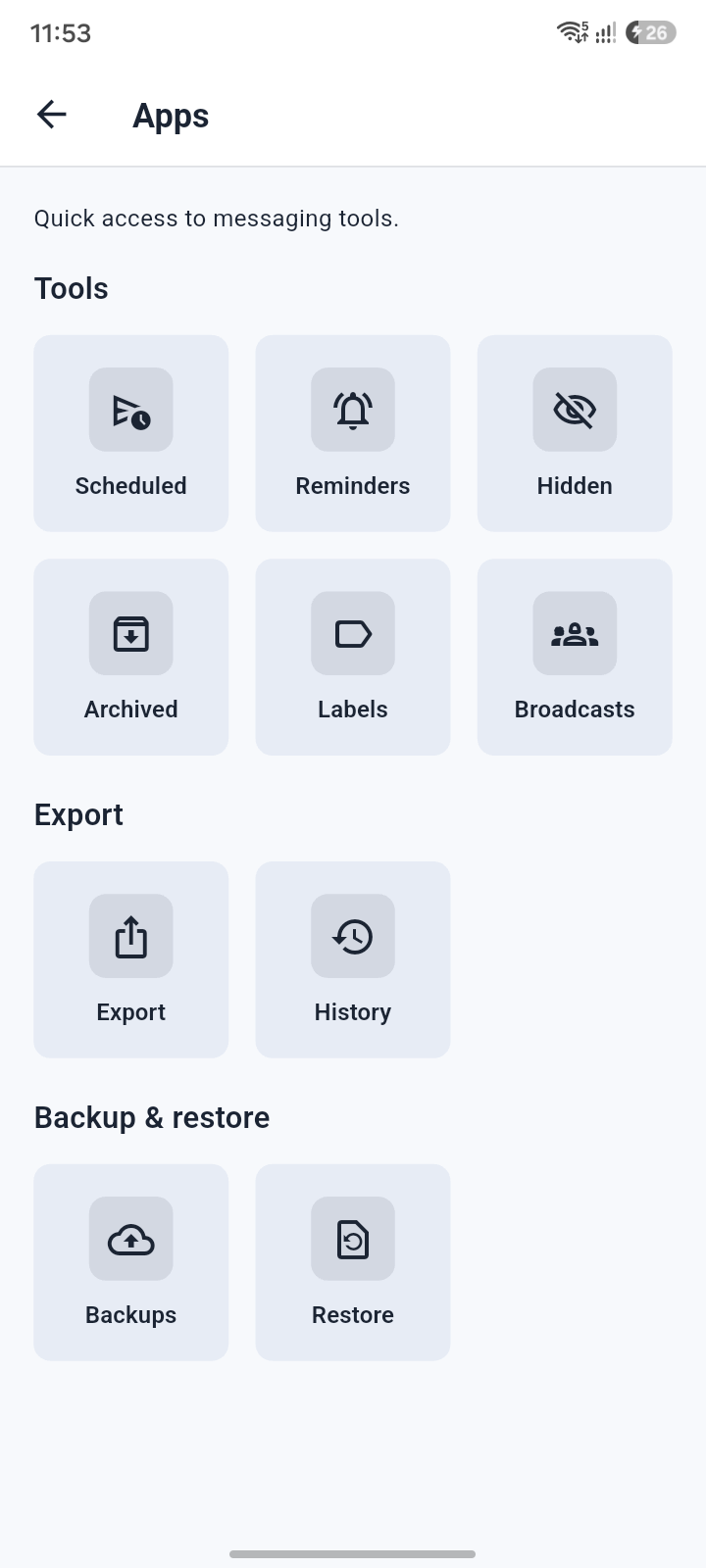 Apps and tools screen