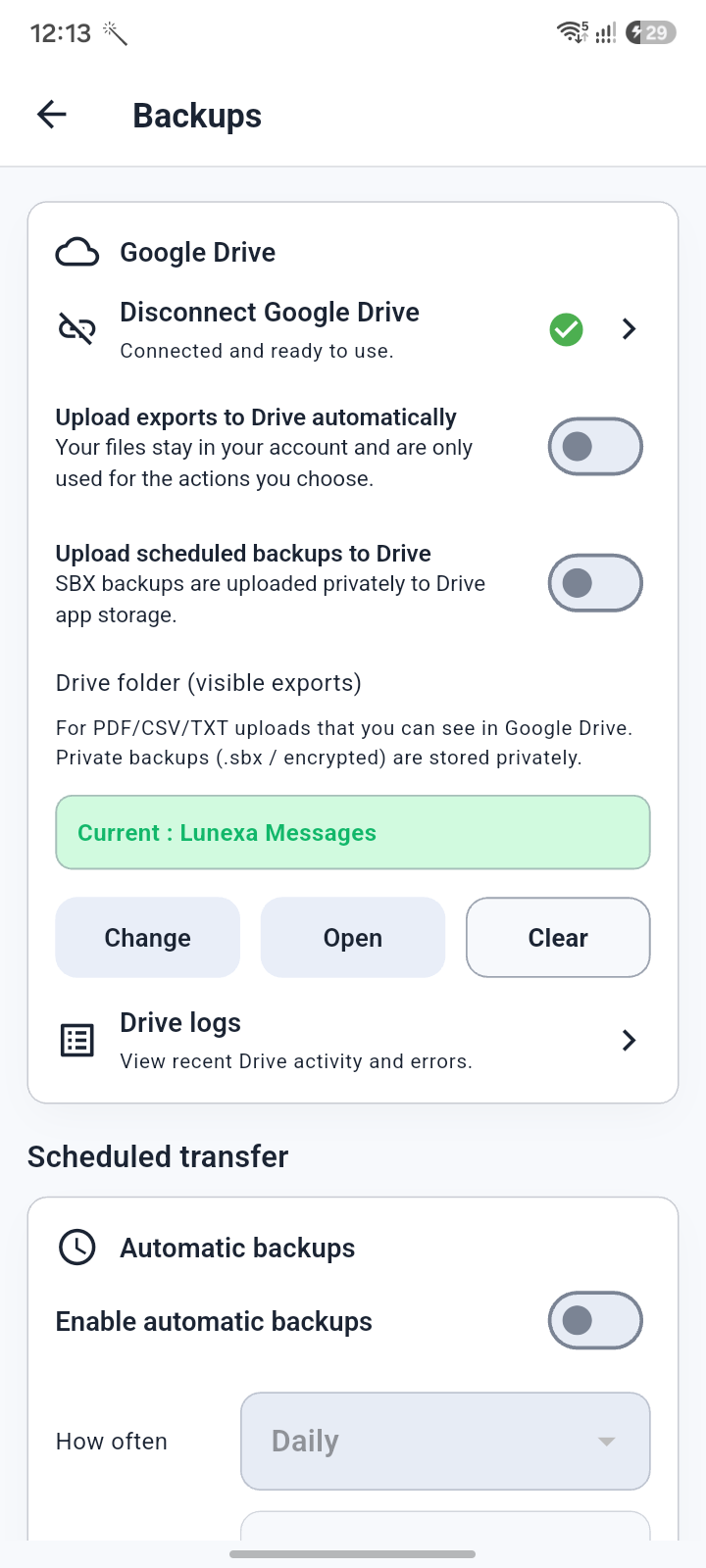 Controlled backup access screen in Lunexa Messages