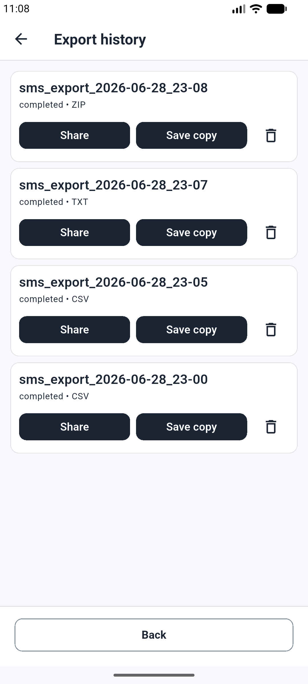 Export history screen