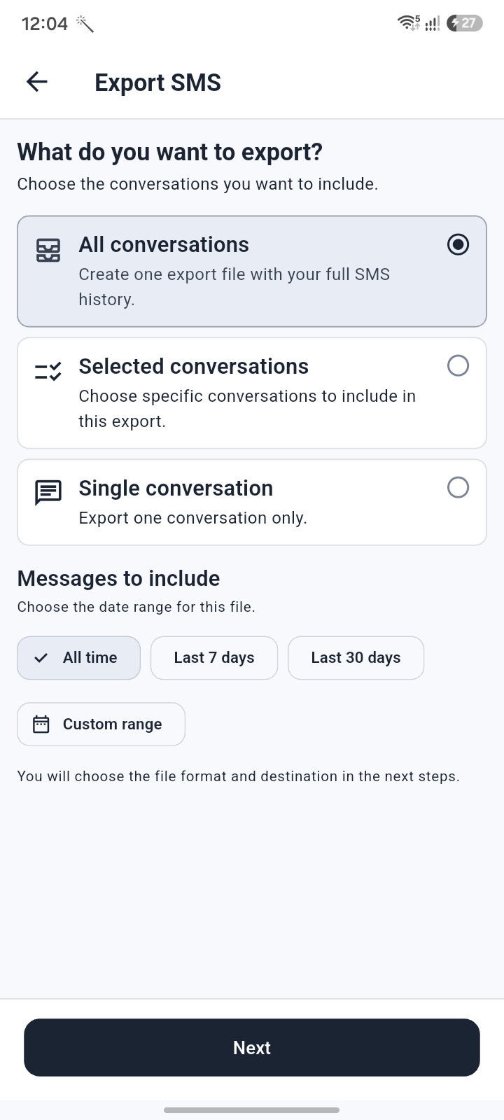 Export message records screen