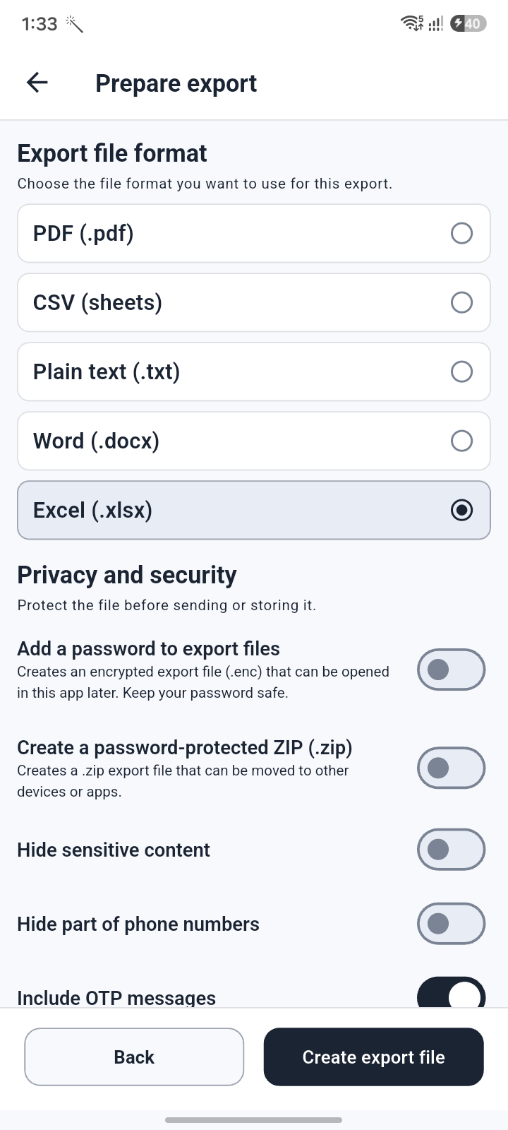 Lunexa Messages password-protected export options screen