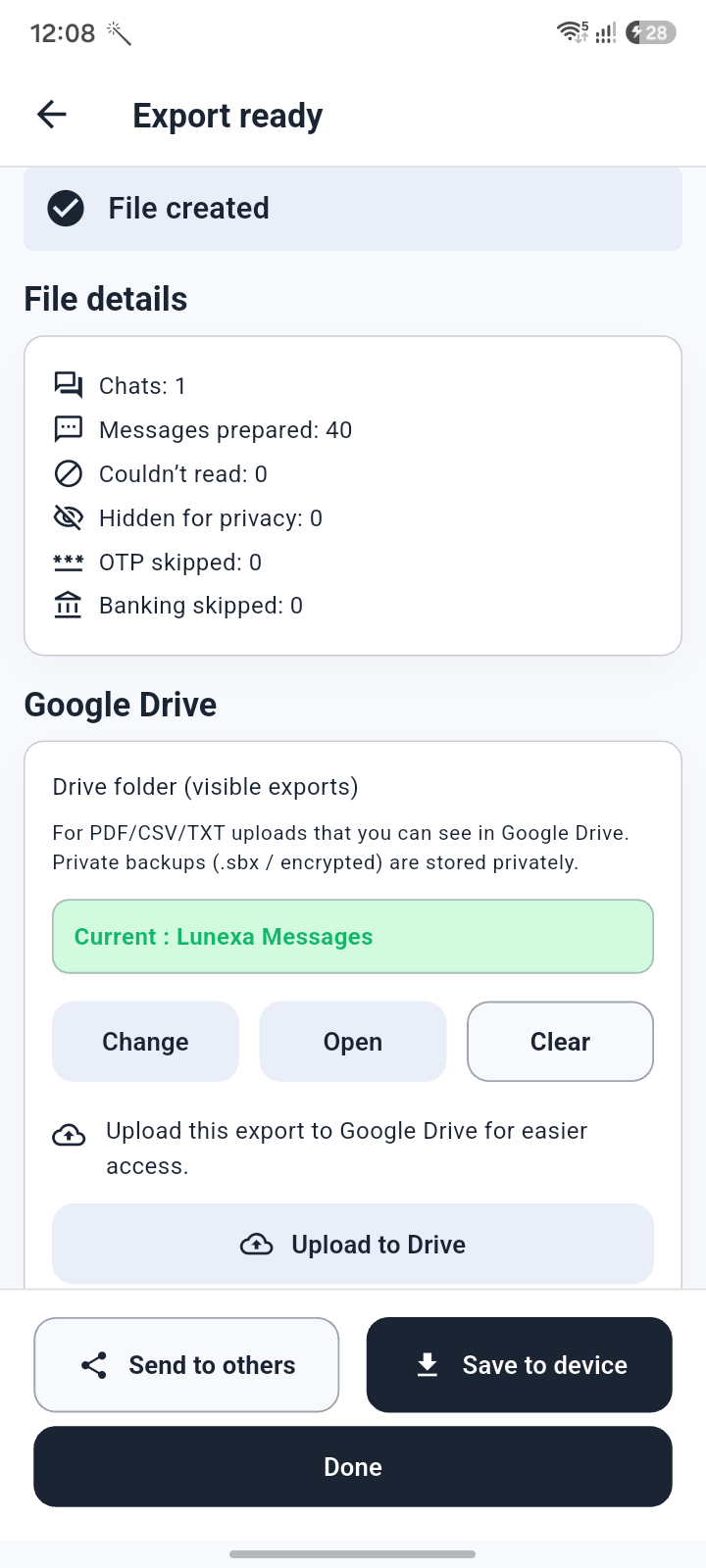 Export summary screen