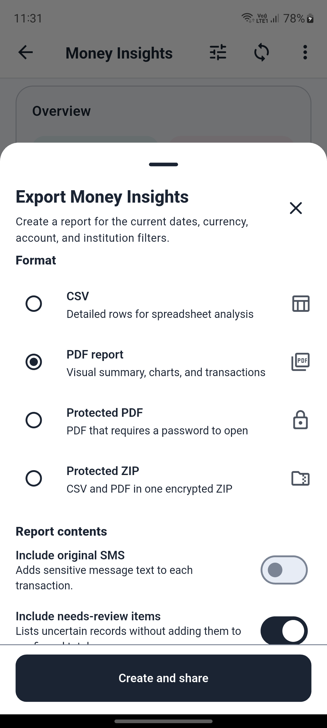 Money Insights export format and privacy options