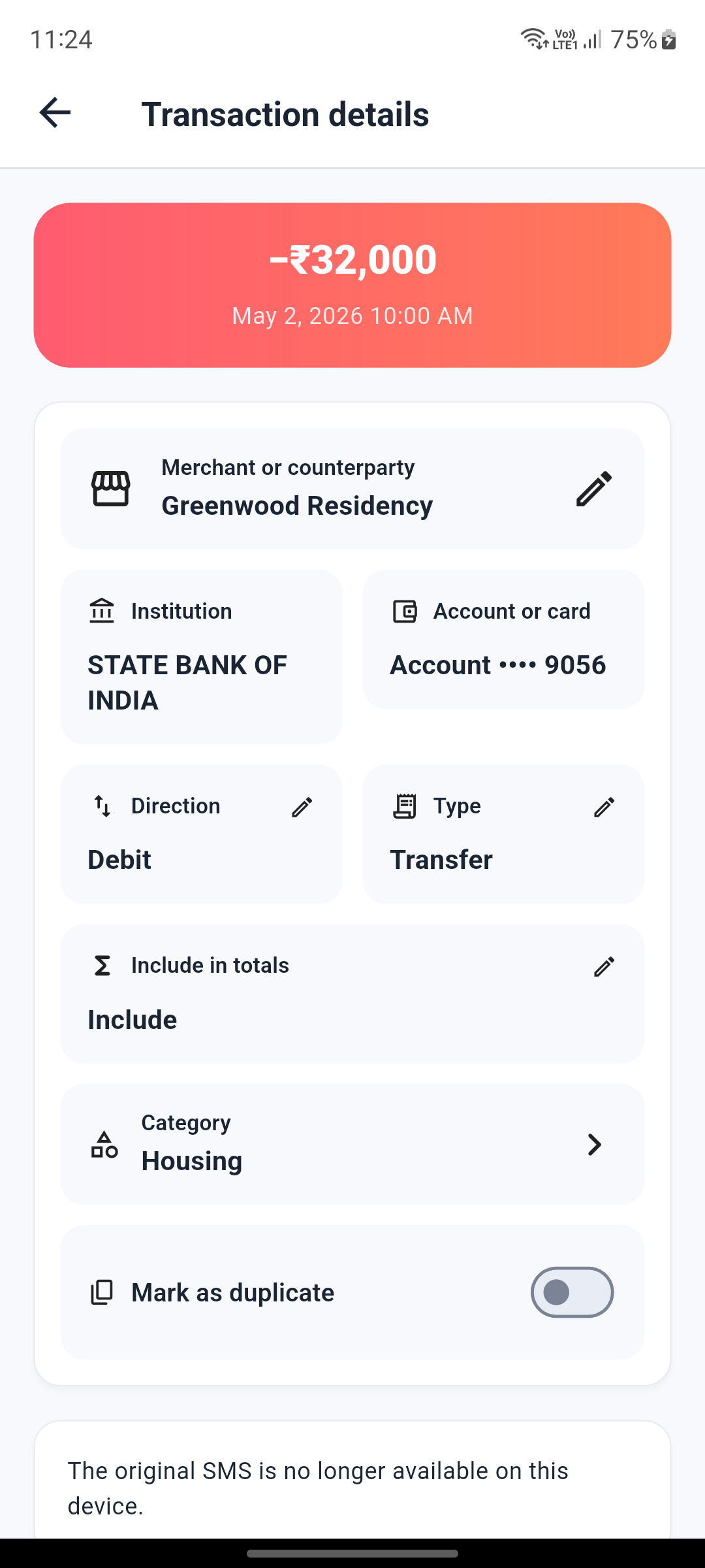 Money transaction details with classification and source reference