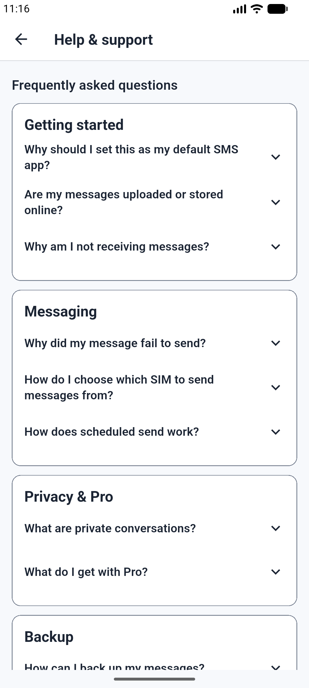 Help and support screen