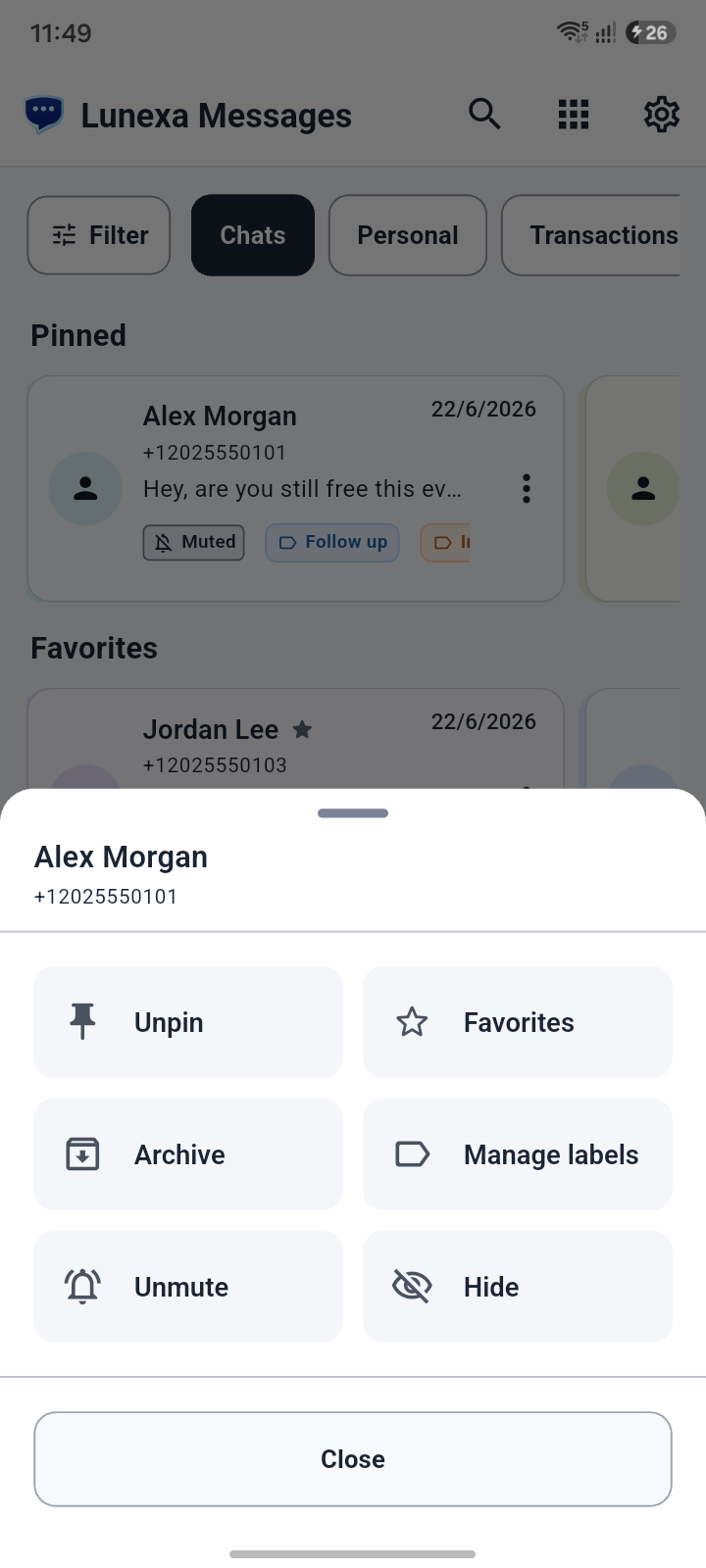 Inbox actions screen