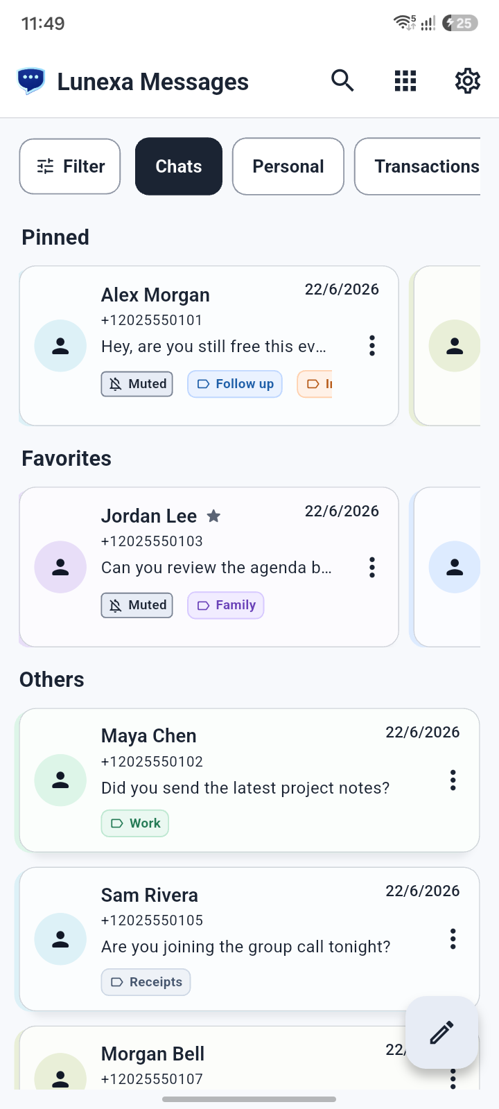 Lunexa Messages organized inbox screen