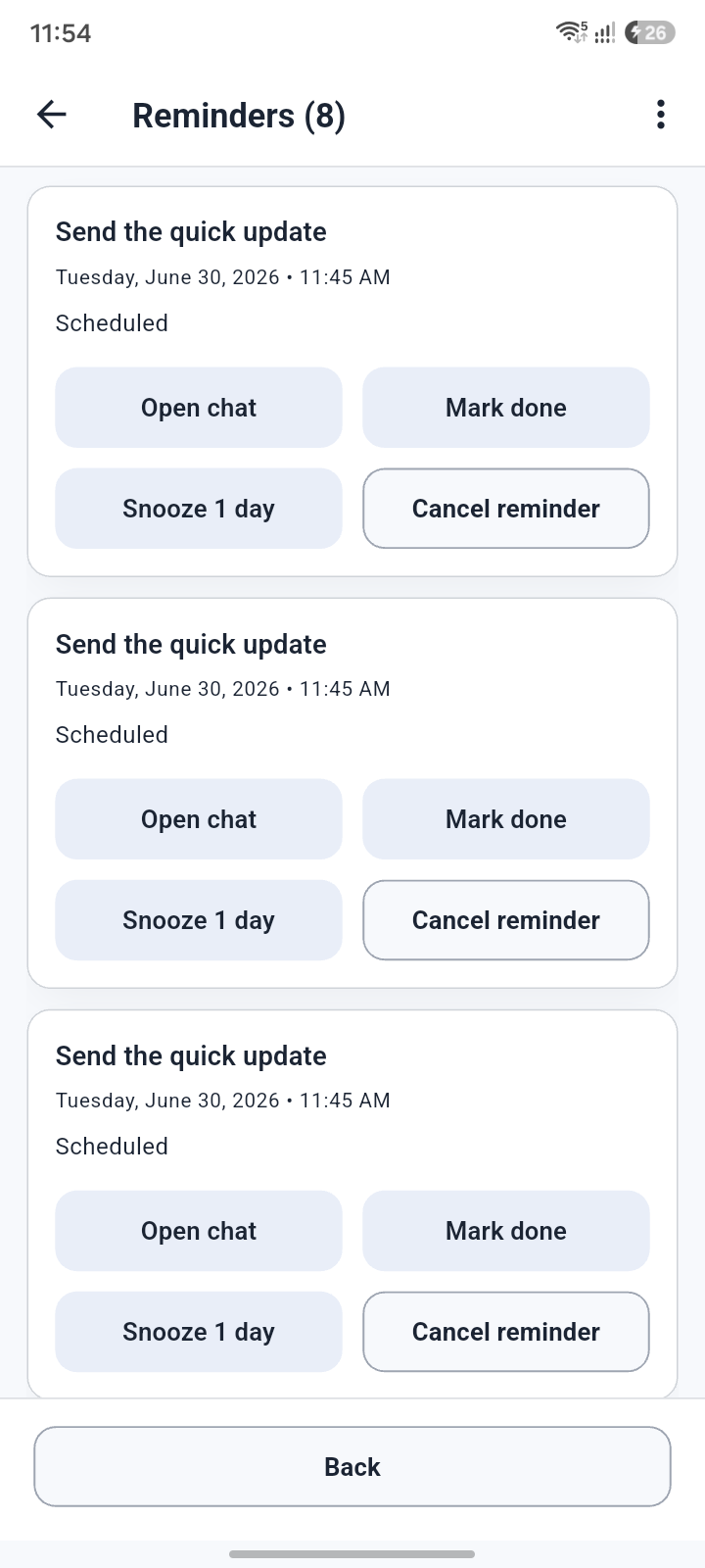 Conversation reminders screen